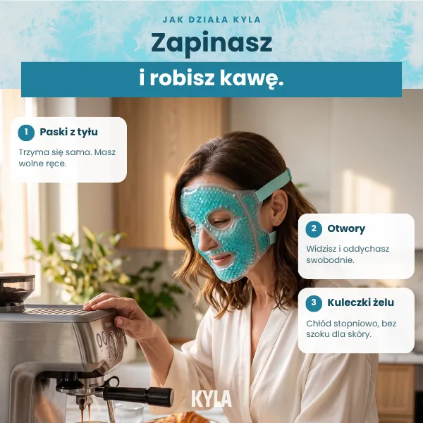 Kobieta w turkusowej masce żelowej KYLA robi kawę; opisy: paski z tyłu, otwory na oczy i usta, kuleczki żelu