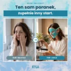 Dwa poranki obok siebie: zmęczona kobieta o 6:45 bez maski i ta sama kobieta o 7:00 w chłodzącej masce KYLA przy porannej kawie